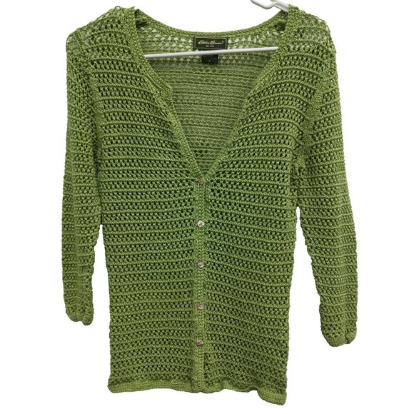 Eddie Bauer Womens Cardigan Small Kelly Green Open Knit Button Front Preppy - Picture 1 of 6